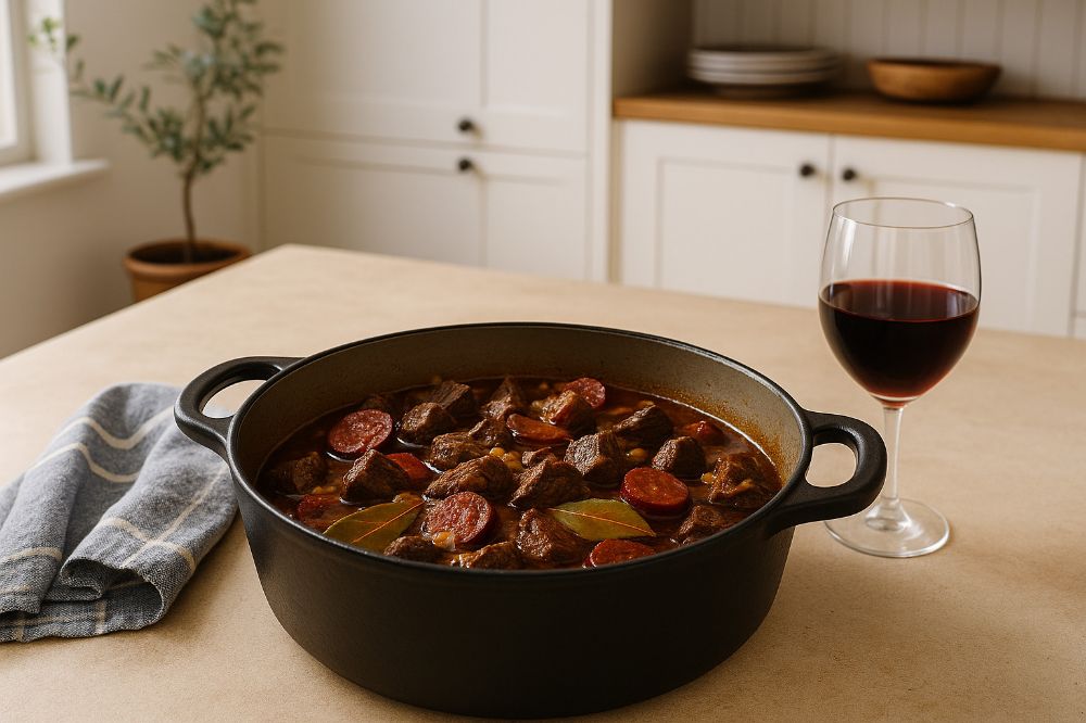 Beef and chorizo stew in a cast iron pot